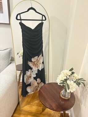 NWTCOMMENSE strapless Black Floral Ruched mesh column Dress
